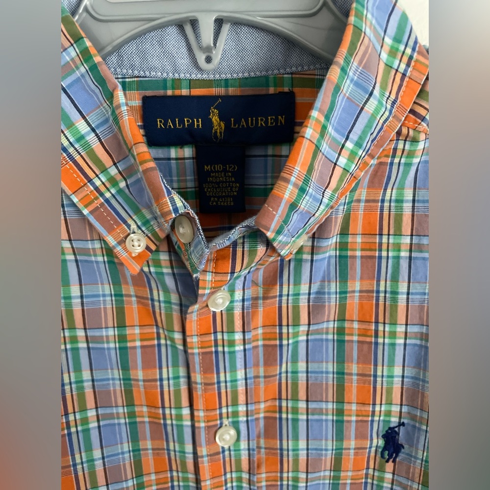 Boys polo Ralph Lauren button-down shirt. Size medium 10–12. Blue and orange.